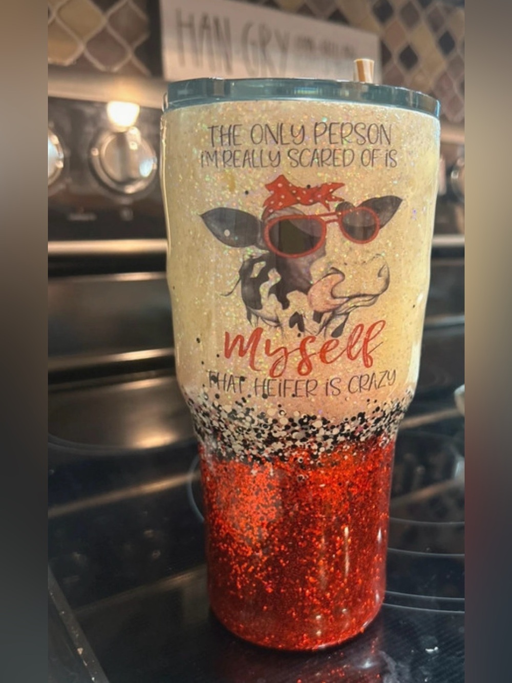 Glitter Cow Tumbler Cup - Red and Cream Accent